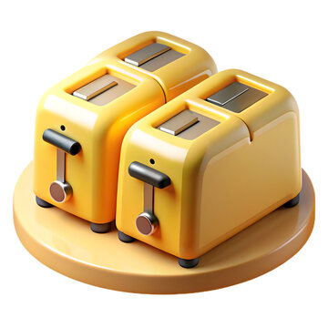 3d icon of a pair of shiny yellow toasters with chrome accents sit on a round yellow base isolated on transparent background