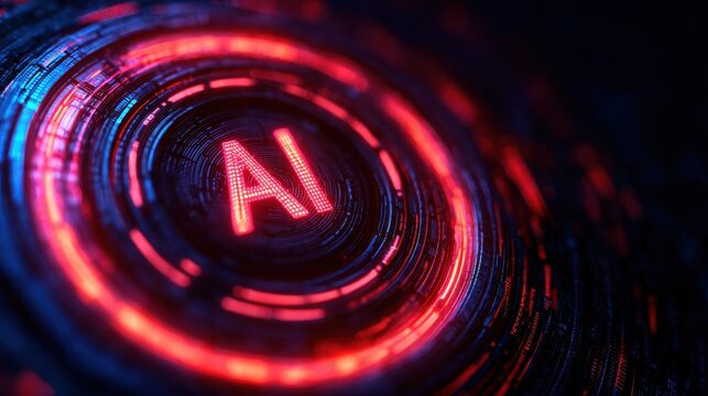 AI workforce solutions Concepts, Abstract digital design featuring glowing circular patterns with the letters "AI" prominently displayed.