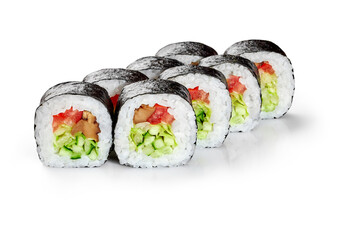 Delicious hosomaki showing rice, cucumber, tomato, and lettuce filling on white background