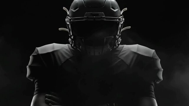 American Football Player in Full Black Gear with Dramatic Low Key Lighting Ready for Intense Action and Professional Sports Performance