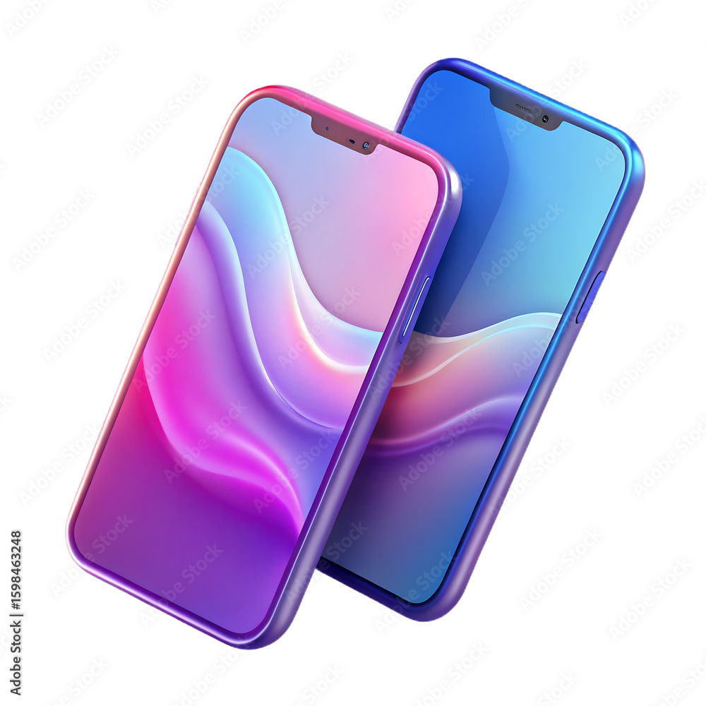 Poster 3d icon of two modern smartphones with colorful abstract screens are displayed at an angle, isolated