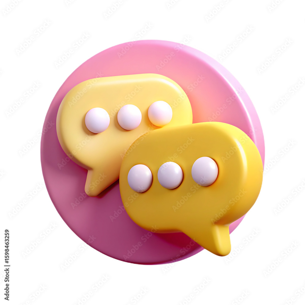 Poster 3d icon of two yellow chat bubbles with white dots are positioned on a pink circular background, iso
