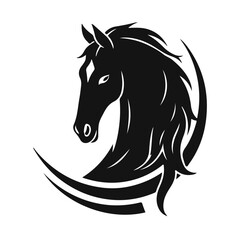 Horse logo template. Black and white silhouette of a horse head with a graceful mane. Elegant minimalist logo for branding, design and printing
