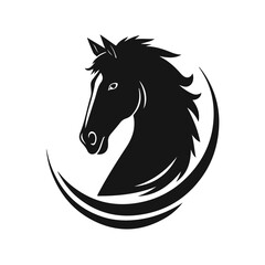 Horse logo template. Black and white silhouette of a horse head with a graceful mane. Elegant minimalist logo for branding, design and printing