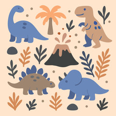 A collection of dinosaurs, volcanoes, palm trees, and green leaves