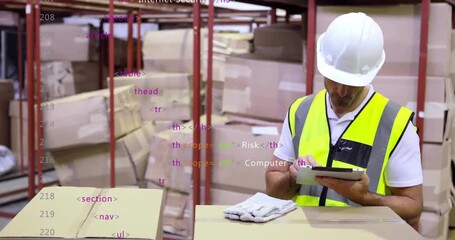 Warehouse worker scanning box label on tablet, showing security overlays cycling terms smiling - Powered by Adobe