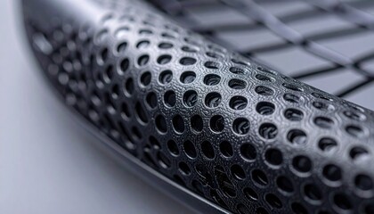 Close-Up Of Perforated Grip On A Tennis Racket Handle Showing Textured Surface With Black Color