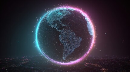 A digital representation of planet earth glows with a vibrant neon blue and pink aura formed by interconnected lines and glowing