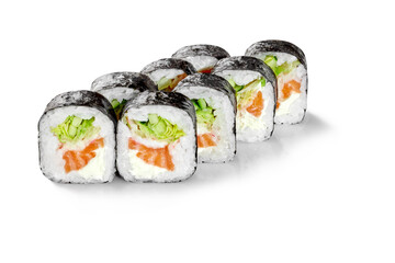 Delicious sushi rolls with salmon, cream cheese and cucumber filling on white background
