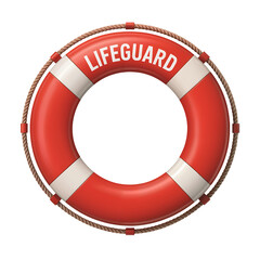 Red and white lifeguard ring with rope and the word lifeguard isolated on a transparent background lifebuoy