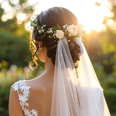 Bride's hairstyle and veil outdoors