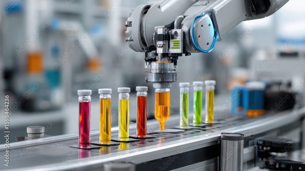 Poster a robotic arm is carefully dispensing vibrant liquids into multiple test tubes on a busy production 