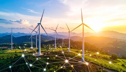 Digital graphic work on green energy power production.Renewable energy design.Windmill and graphic diagram of air currents that produce green energy. Green energy power production it is future.