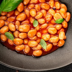 Bean stew tomato sauce cranberry beans vegetable dish beans borlotti fresh delicious gourmet food background on the table rustic food top view copy space keto and paleo diet vegan and vegan food