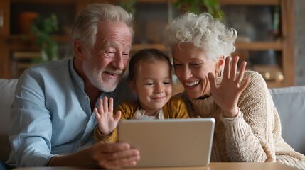 Family with toddler having a video call with grandparents on a tablet, emotional smiles, toddler waving hand, warm living room, cozy and connected digital moment