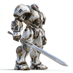 A massive robot warrior is poised for action, featuring a sleek white design with metallic accents. It grips a shiny sword, embodying strength and readiness for combat.