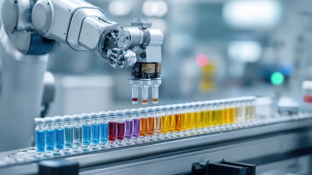 A robotic arm is meticulously transferring colorful liquids into vials in a modern laboratory with advanced technology visible in the background. The setup suggests a methodical experiment.