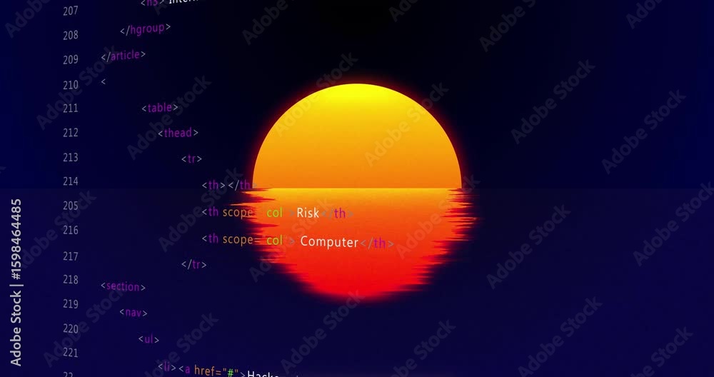 Poster on opening sun graphic reflecting glitching while html code scrolling behind showing cyber security