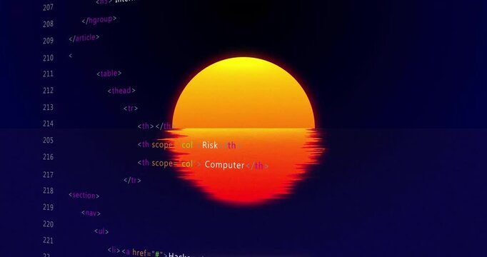 On opening sun graphic reflecting glitching while HTML code scrolling behind showing cyber security