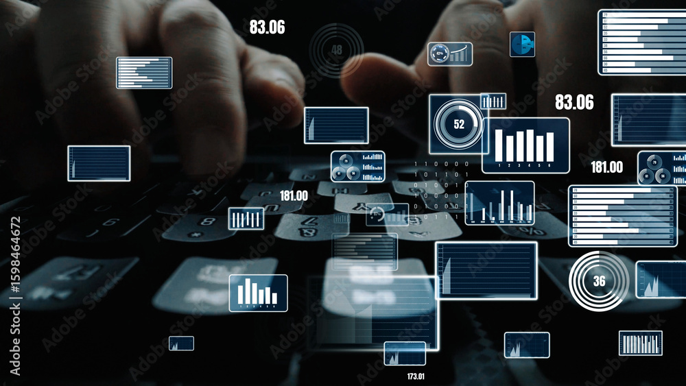 Poster dynamic scene of hands typing on a keyboard amidst floating digital charts and metrics, representing