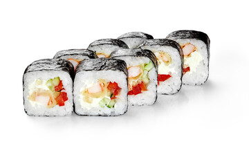 Delicious sushi rolls with shrimp, vegetables, and cream cheese filling on white background