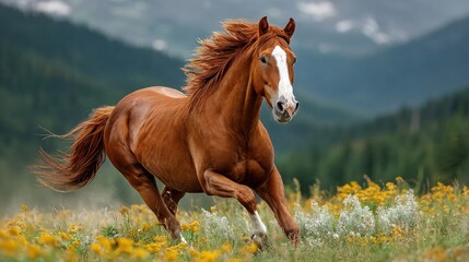 Obraz premium A chestnut horse runs freely through a field filled with blooming wildflowers, surrounded by lush green mountains under a cloudy sky. The scene captures the beauty of nature and equine grace.