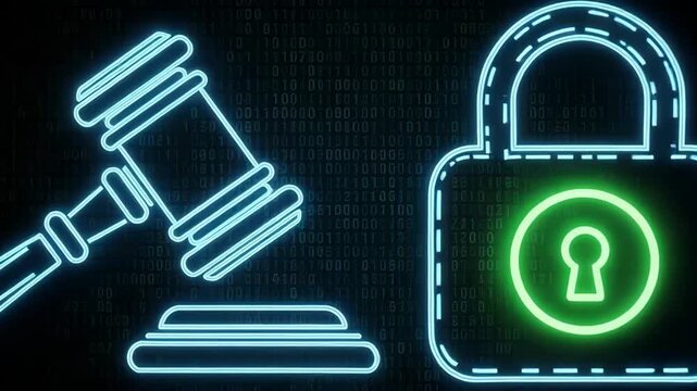 Digital Neon Law Icons of Gavel and Padlock for Enhanced Security and Digital Protection