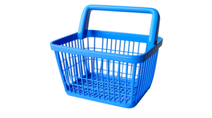 Blue plastic shopping basket angled view isolated on white background for market and retail shopping concept
