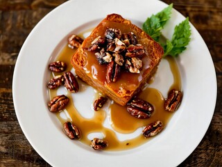 French toast with pecans and syrup on a white plate, delicious breakfast concept, copy space
