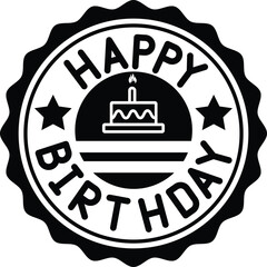 Happy birthday stamp. Stamp with candles, cake and the text Happy Birthday. Birthday badge, banner, card, buttons, seal, wishes, greeting.