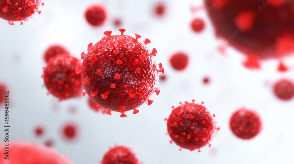 Poster distinct red virus particles float against a light background, showcasing detailed structures. this 