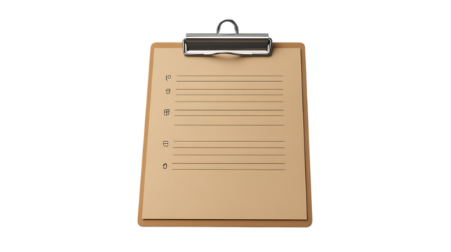 Wooden clipboard with checklist paper isolated on white background for business and organization concept
