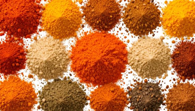 A vibrant array of colorful spice powders arranged in a visually appealing and textured composition .