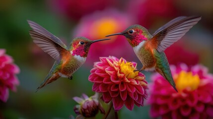 Fototapeta premium Two colorful hummingbirds hover near bright pink flowers in a garden, displaying their iridescent feathers as they feed and interact peacefully in the afternoon sun