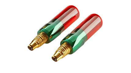 Glossy RCA male connectors with red and green casing isolated on white
