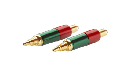 Two RCA male audio connectors with red and green bands isolated on white
