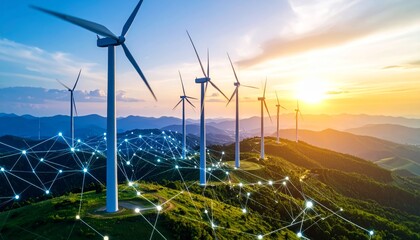 Digital graphic work on green energy power production.Renewable energy design.Windmill and graphic diagram of air currents that produce green energy. Green energy power production it is future.