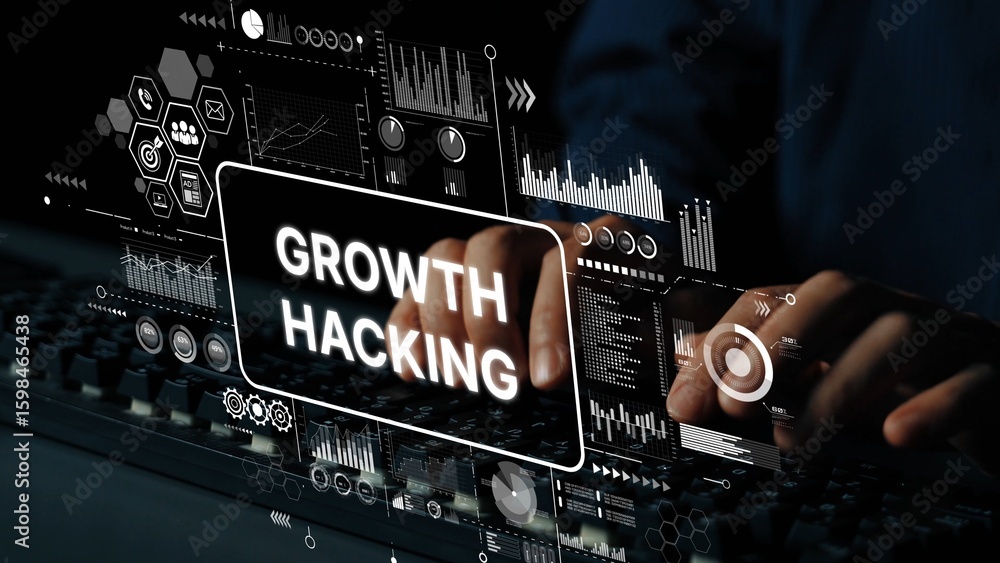 Poster growth hacking concept with digital interface and data analytics in dark environment. asymptotic sma