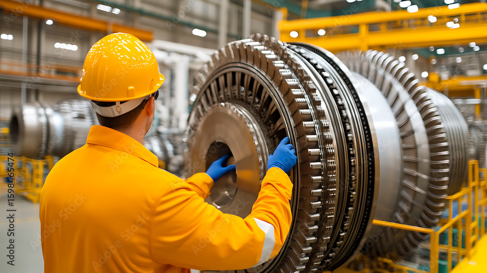 Poster engineer inspecting a large turbine in an industrial setting. maintenance is essential for keeping t
