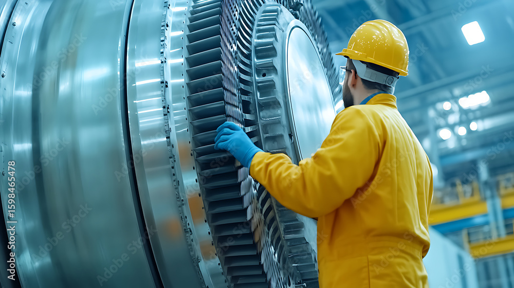 Poster mechanical engineer inspecting turbine. worker ensuring the quality and functionality of industrial 