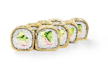 Tempura uramaki sushi rolls with crab, avocado, and cucumber filling on white background