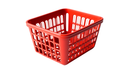 Red laundry basket with vertical slits and side handles on white background
