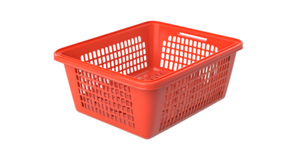 Red plastic storage bin with grid pattern isolated on white background
