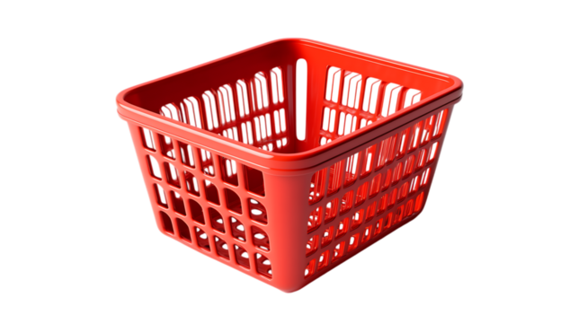 Red laundry basket with vertical slits and side handles on white background
