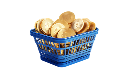 Blue shopping basket full of bitcoin coins isolated on white background
