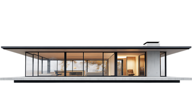 Modern single story glass house with minimal architecture and interior view
