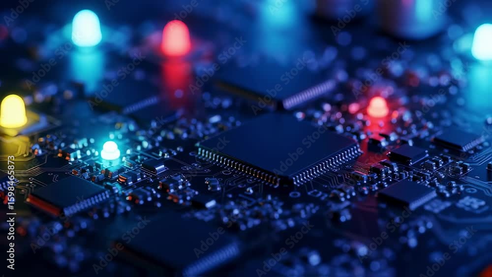 Poster topdown perspective of an advanced printed circuit board with vibrant light effects on micro element
