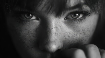 Fototapeta premium Monochrome portrait, close-up of a person's face, eyes looking directly at the camera, hand near face, artistic and thoughtful.