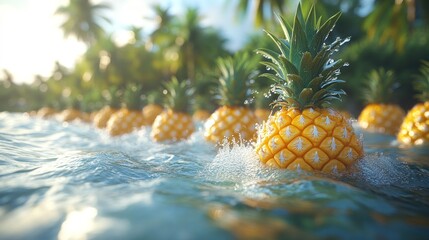 Pineapples float on tropical ocean waves