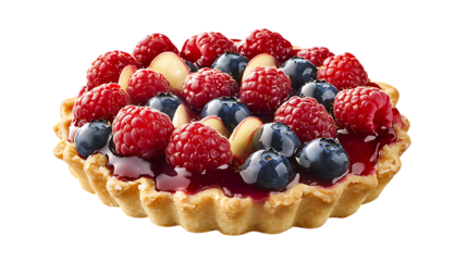 Delicious tart with raspberries blueberries and nuts isolated on white background
